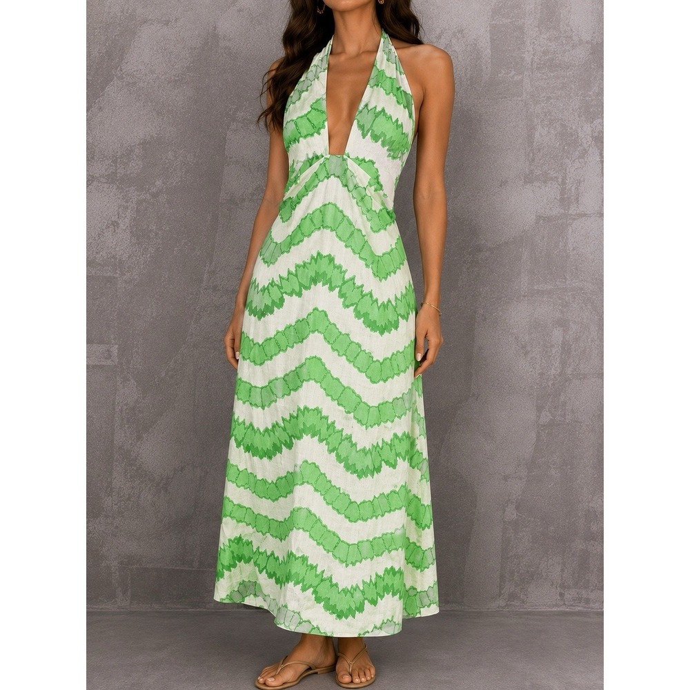 Rhode Halter Maxi Dress Womens 6 White Green Linen Chevron Deep V Beach Resort